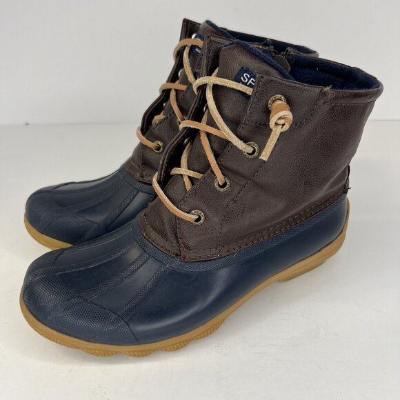 Sperry Saltwater Waterproof Leather Upper Rain Boots Womens Size 5 Brown Navy - Picture 1 of 9